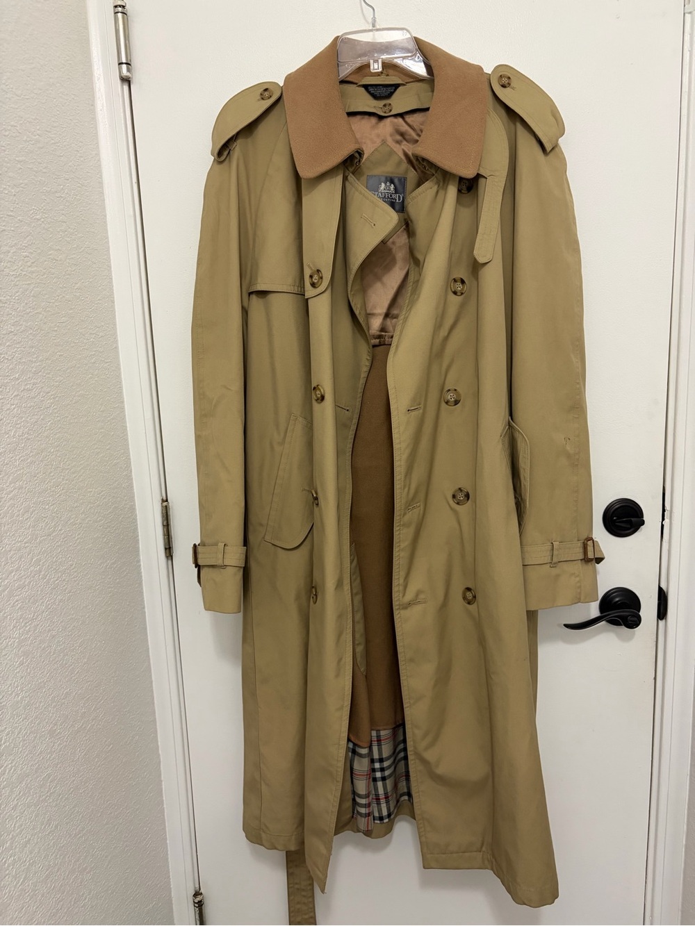 Vintage Stafford Men's double breasted Khaki Trench Coat with Contrast Collar